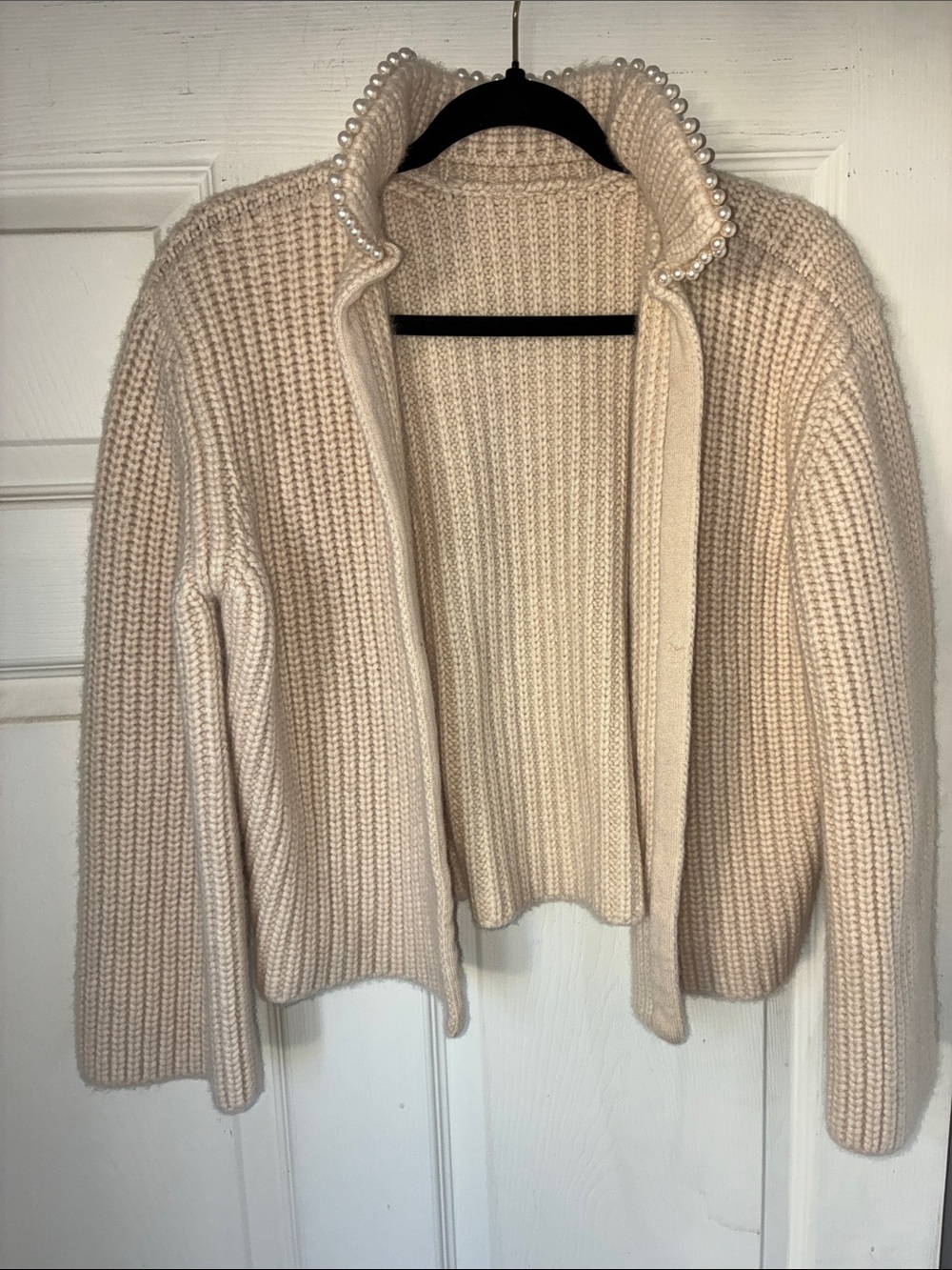 Pearl-Trim Cozy Open Cardigan Sweater - Cream